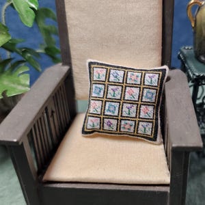 OOAK Miniature Needlepoint Pillow, Dollhouse Miniature, Silk Embroidery on 48 Count Silk Gauze, 1:12 Scale, by IGMA Artisan Marilyn A Miller
