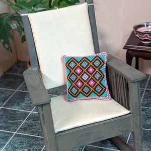 OOAK Dollhouse Miniature, Silk Needlepoint Pillow, Hand Embroidered, Silk Thread on 48 Count Silk Gauze, IGMA Artisan Marilyn A Miller
