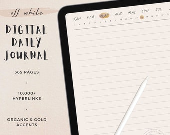 Digital Daily Journal - 365 Off White Pages With Gold Accents, Hyperlinked Journal for iPad, GoodNotes, Notability, Instant Download
