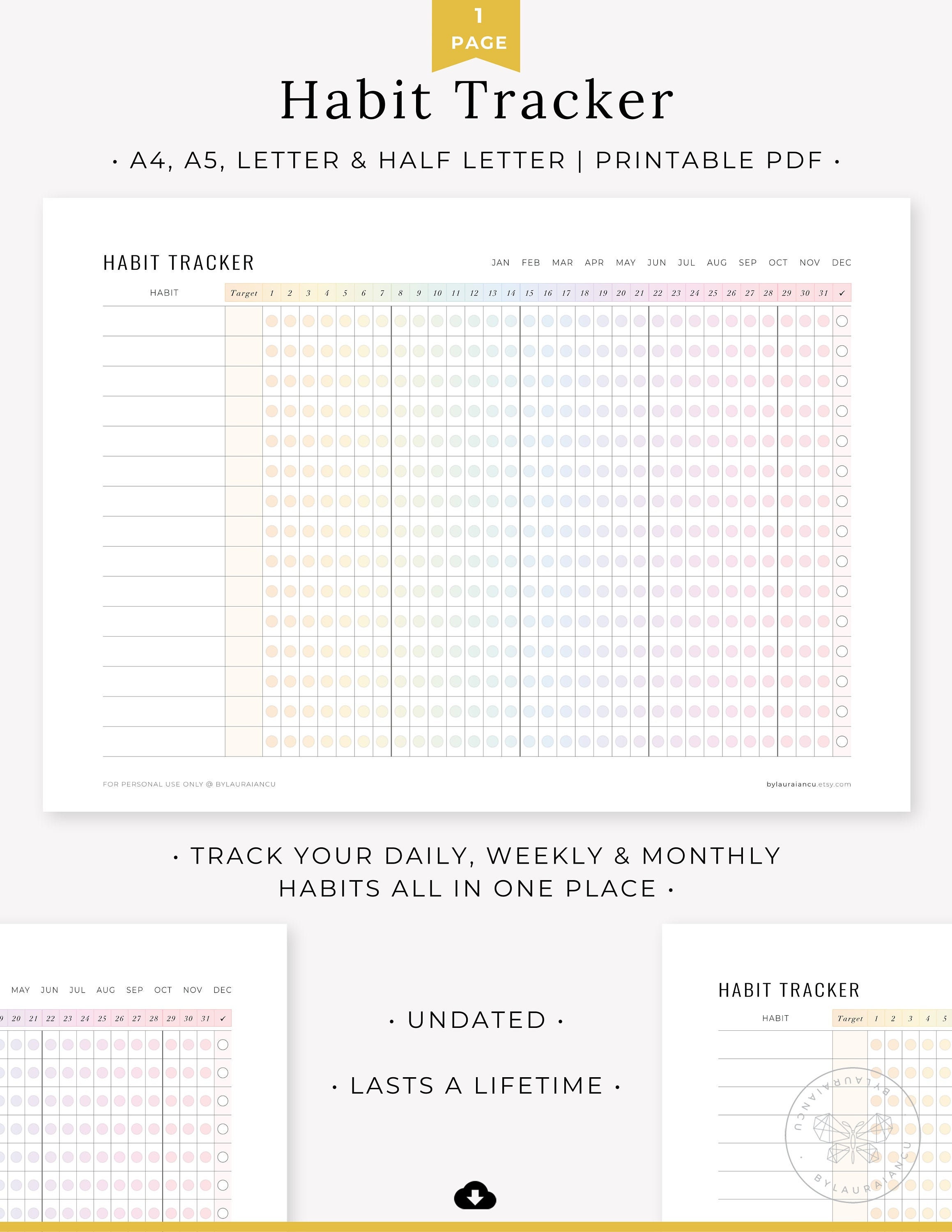 A4 Half Letter Sizes US Letter A5 Printable Minimalist Habit Tracker ...