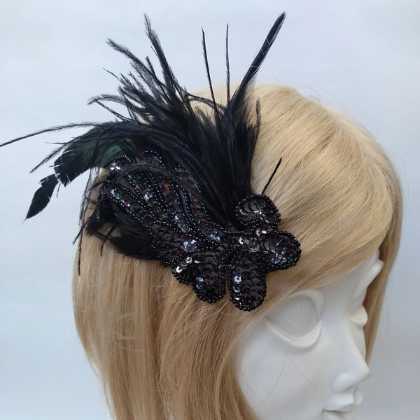 20s Black Feather Flapper Hair Piece vintage Inspired Boho Wedding Art Deco Gatsby Burlesque Chic