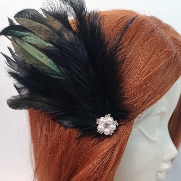 Black Pearl Feather Flapper Hair Pad Vintage Inspired Boho Wedding Gatsby Burlesque Chic Pink Dotty Fascinator