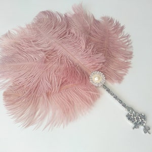 Dusky Pink 20s Wedding Handheld Feather Fan Pastel Blush Vintage Inspired Boho Chic Gatsby Burlesque