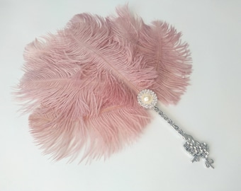 Dusky Pink 20s Wedding Handheld Feather Fan Pastel Blush Vintage Inspired Boho Chic Gatsby Burlesque