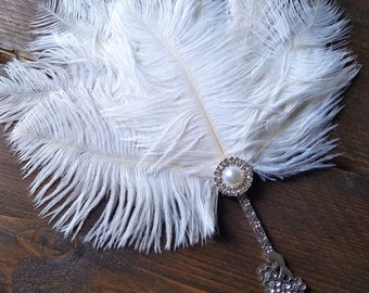 Ivory 20s Wedding Handheld Feather Fan Vintage Inspired Boho Chic Gatsby Burlesque