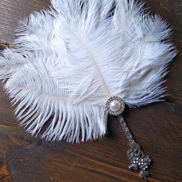 Ivory 20s Wedding Handheld Feather Fan Vintage Inspired Boho Chic Gatsby Burlesque