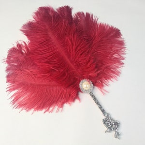 Deep Red Rouge 20s Wedding Handheald Feather Fan Vintage Inspired Boho Chic Gatsby Burlesque