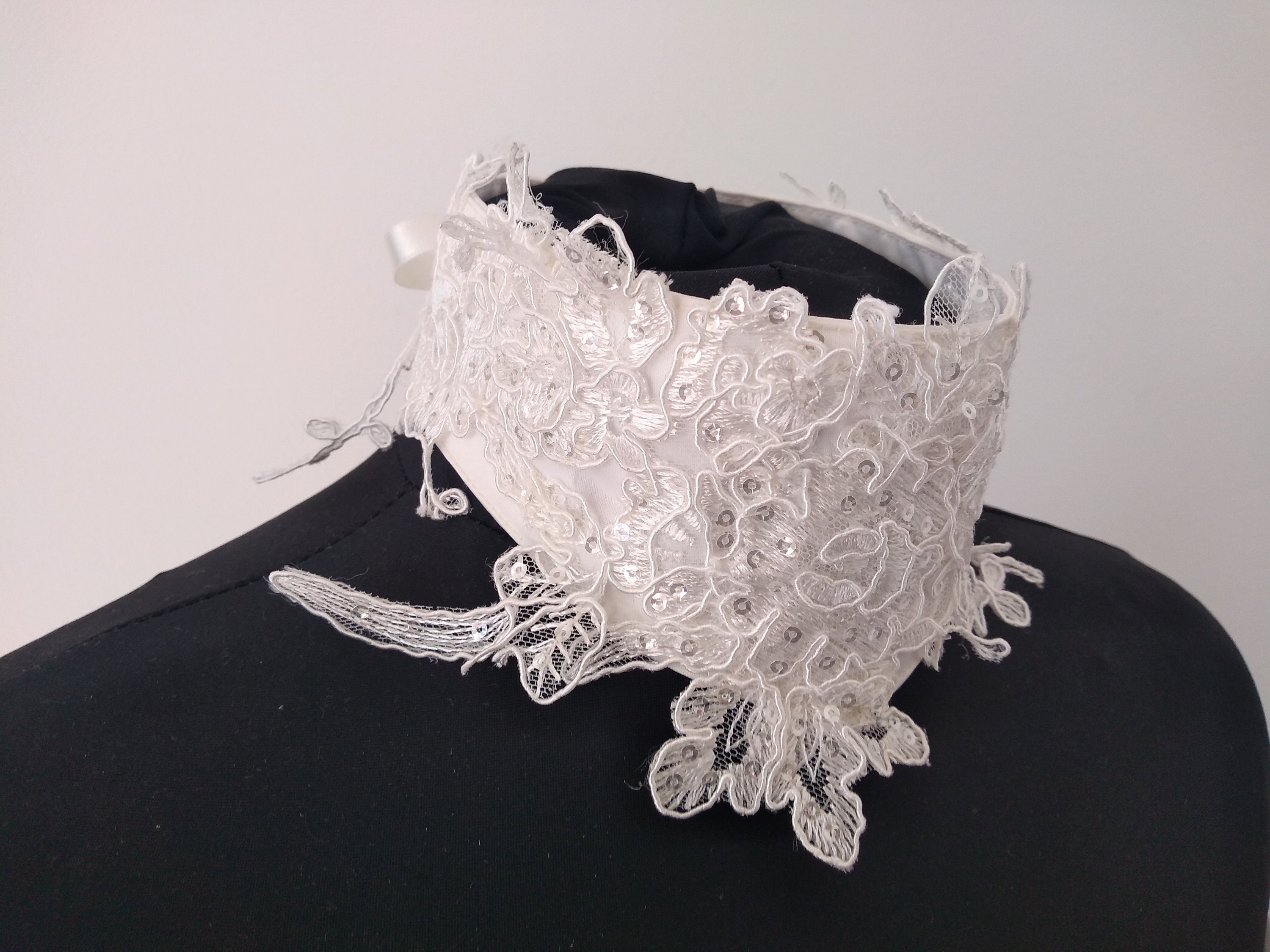 White Steampunk Gothic Victorian Lace Collar with keys, cogs and a clock.  (C002) - Tahlia's Masks