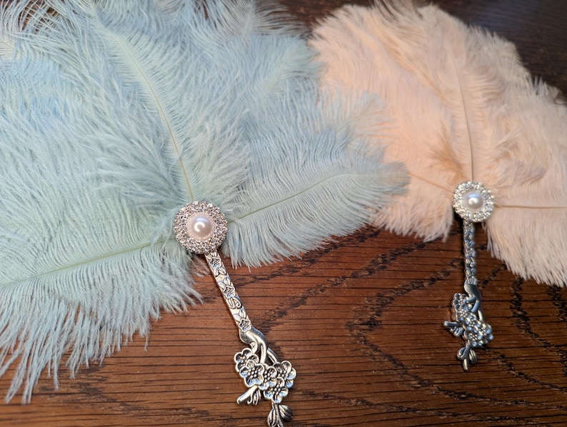 Marie Antoinette Powder Blue Handheald Feather Fan Vintage Inspired Gatsby Burlesque 20s Wedding image 6