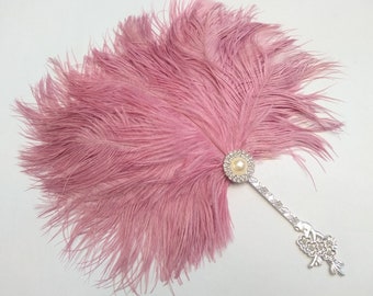 Mauve Dusky Pink 20s Wedding Handheld Feather Fan Pastel Blush Vintage Inspired Boho Chic Gatsby Burlesque