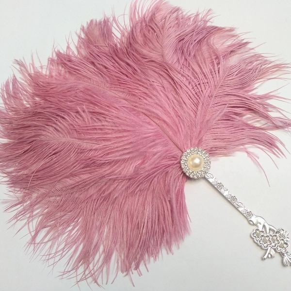 Mauve Dusky Pink 20s Wedding Handheld Feather Fan Pastel Blush Vintage Inspired Boho Chic Gatsby Burlesque