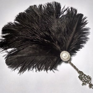 Black 20s Wedding Handheald Feather Fan Vintage Inspired Boho Chic Gatsby Burlesque