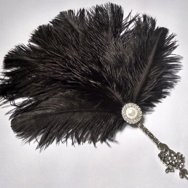 Éventail de plumes de mariage noir des années 20, vintage d'inspiration Boho Chic Gatsby le Burlesque