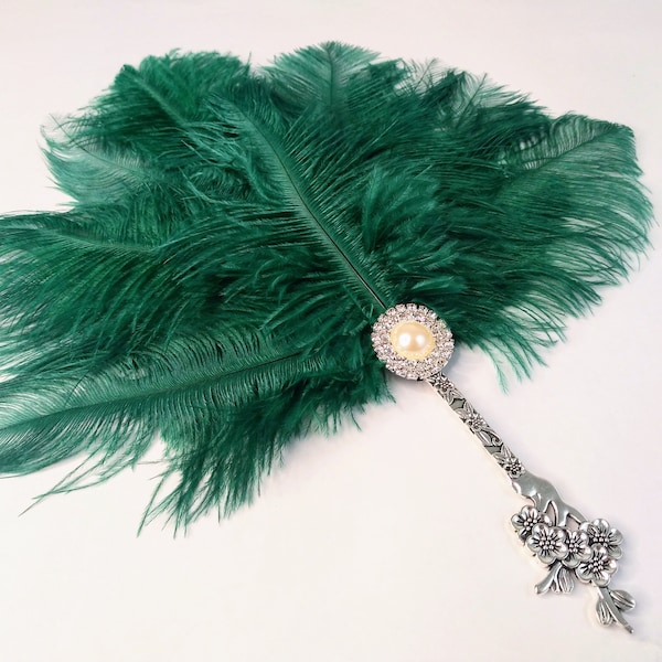 Emerald Green Jade 20s Wedding Handheld Feather Fan Vintage Inspired Boho Chic Gatsby Burlesque