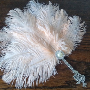 Champagne 20s Wedding Handheld Feather Fan Vintage Inspired Boho Chic Gatsby Burlesque