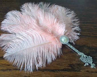 Blush Vintage Salmon Shell Pink 20s Wedding Handheld Feather Fan Boho Chic Gatsby Burlesque