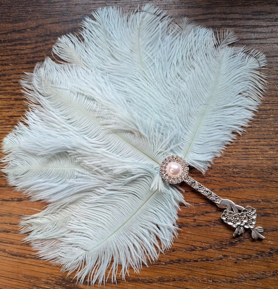 Marie Antoinette Powder Blue Handheald Feather Fan Vintage Inspired Gatsby Burlesque 20s Wedding