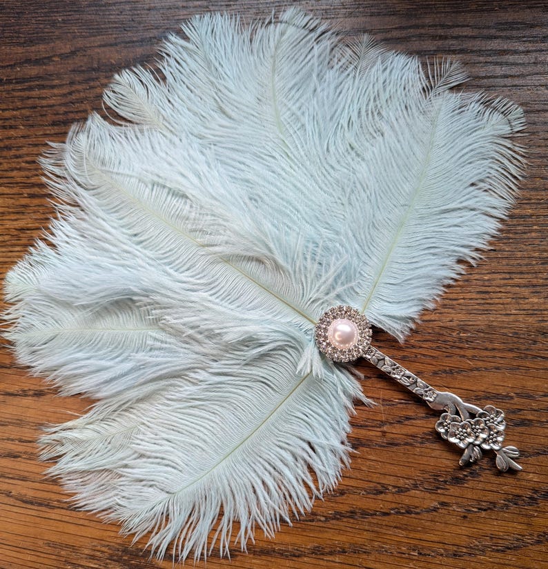 May include: A light blue feather fan with a silver handle. The fan features a central embellishment with a pink pearl surrounded by clear rhinestones. The handle is decorated with floral and leaf designs.