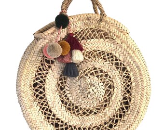 Large Roundie Woven Straw Bag with Spiral Design & Pom Pom/Tassel Decoration , MOROCCO