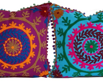 17X17 Suzani Embroidered Pom Pom Throw Pillow Cover / Embroidered Textiles / INDIA
