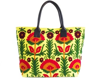 Suzani Embroidered Totebag,Yellow Floral, INDIA