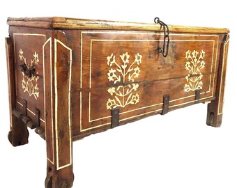 Antique Handcrafted Teakwood Chest with Sandalwood Inlay/Mid-20th Century/Made in Nepal