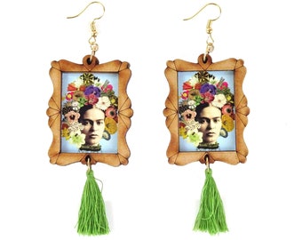 Frida Kahlo & Flowers Portrait Dangle Earrings with Green Tassels/MEXICO