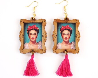 Frida Kahlo Portrait Dangle Earrings with Pink Tassels/MEXICO