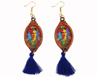 Frida Kahlo Portrait Dangle Earrings with Blue Tassels/MEXICO