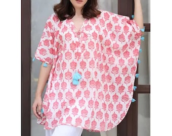 Coral & White Floral Print Tasseled Cotton Caftan/Beach Cover Up/One Size/INDIA