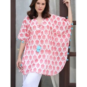Coral & White Floral Print Tasseled Cotton Caftan/Beach Cover Up/One Size/INDIA