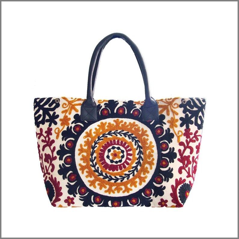 Gold /& Red Suzani Embroidered Totebag White INDIA Black