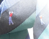 Golf Player Bjorn Borg Neck Tie - All Silk - Original Eighteen - Big stripes Blue Green and Black with golf player in them - Made in Italy-