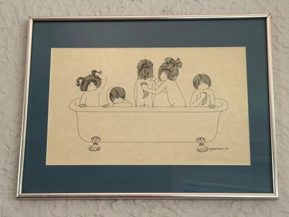 Julie Corsover "Bathtub" Signed 1973 Print, Children in Clawfoot Tub, Framed Vintage 70s Pen and Ink Nursery Bathroom Wall Art
