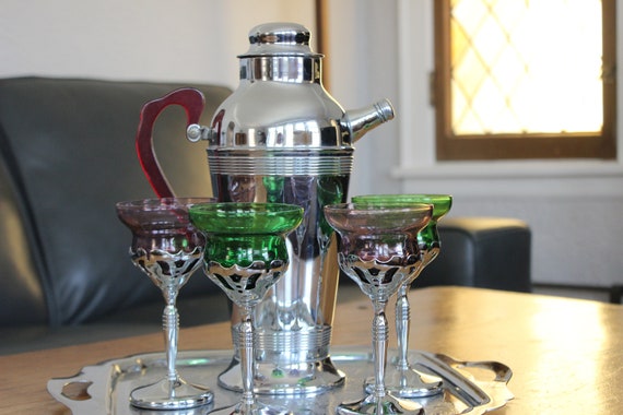 Art Deco, Mid Century Modern, Martini Shaker & Glasses Set, Purple 