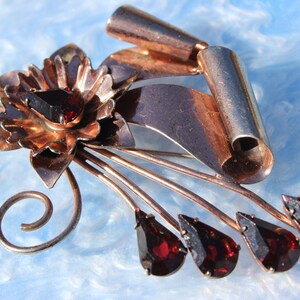 Vintage Rose Gold Finish Sterling Silver and Red Garnet Floral Brooch