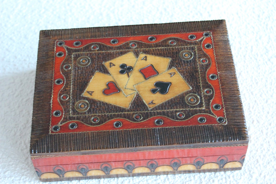 Hand Tooled Wooden Card Case With 2 Decks of Cards Etsy