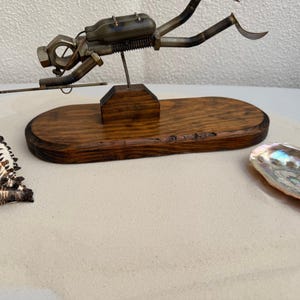 Vintage Scuba Diver Sculpture, Found-Object Assemblage Folk Art, Nuts Bolts Springs and Copper Fins with Speargun, Hardwood Base