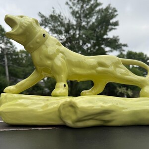 Vintage 1950s Chartreuse Ceramic Panther Planter on Log, Mid Century Roaring Big Cat, Three Pocket Console Planter