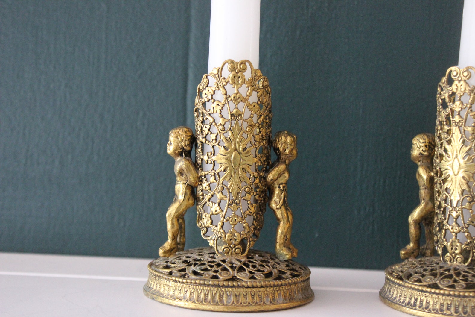 Pair Brass Filigree Cherub Candlestick Holders Etsy
