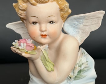 Vintage Lefton China hand-painted bisque porcelain angel/cherub