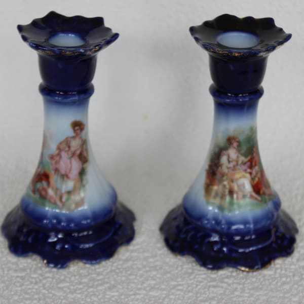 Pair of Porcelain Candlestick Holders with Historic Pastoral Scene Vintage