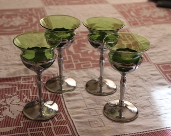 Four Farberware Chrome Stem Tulip Green Glass Cocktail Glasses Vintage Art Deco