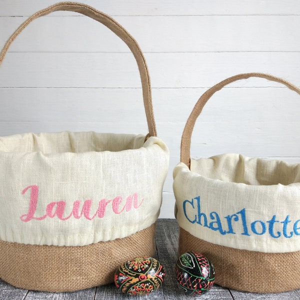 Personalized Easter basket burlap with linen liner