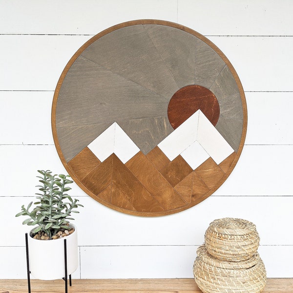 Round Mountain Wood Art with Sunset | Wood art with Snow-capped mountains