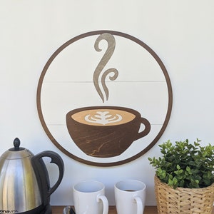 Arte de madeira redonda para café | Decoração de parede para xícara de café | Decoração de parede para café em madeira | Decoração para casa com café