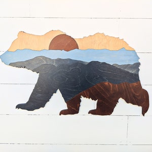 Wooden Bear Mountain Sunset Wall Art - Smoky Mountains Scene Living Room Decor