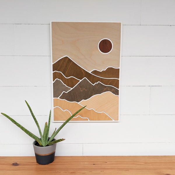 Mountain Wood Art | Layered Mountains Wall Art | Desert Landscape Wood Art Moon | Earth Toned Mountains