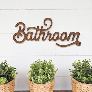 Wooden Bathroom Sign: Script Wood Word Cutout