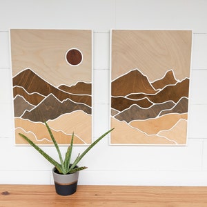 Two-Paneled Mountain Wood Art Layered Mountains Wall Art Desert Scene Wood Art Earth Tone Mountain Wall Art Rectangle Mountain Scene image 1